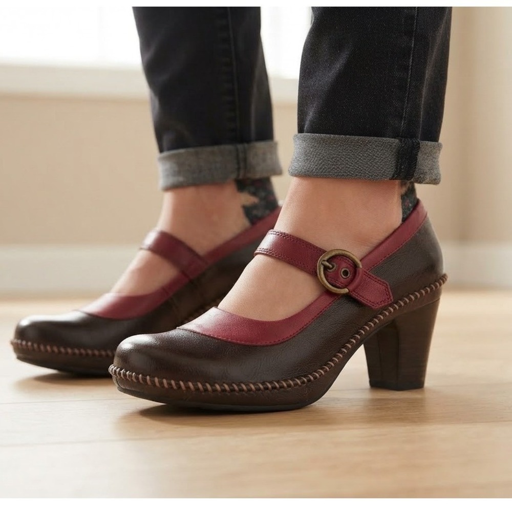Indigo by Clarks Brown Burgundy Leather Mary Jane Whipstitch Heels 3" 82732 11M